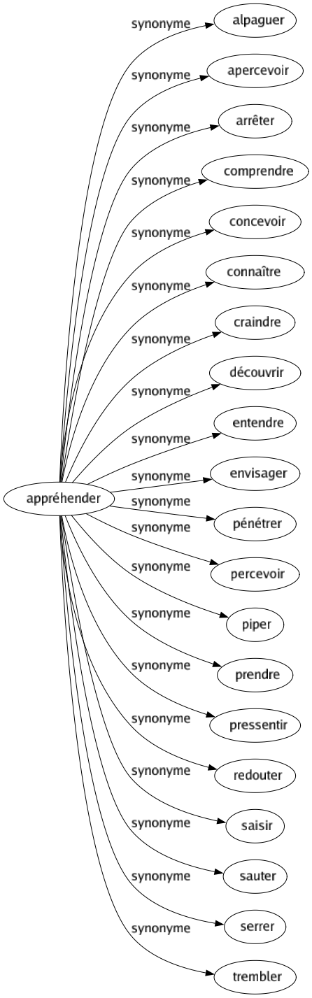 Synonyme de Appréhender : Alpaguer Apercevoir Arrêter Comprendre Concevoir Connaître Craindre Découvrir Entendre Envisager Pénétrer Percevoir Piper Prendre Pressentir Redouter Saisir Sauter Serrer Trembler 