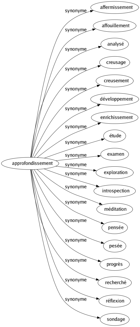 Synonyme de Approfondissement : Affermissement Affouillement Analysé Creusage Creusement Développement Enrichissement Étude Examen Exploration Introspection Méditation Pensée Pesée Progrès Recherché Réflexion Sondage 