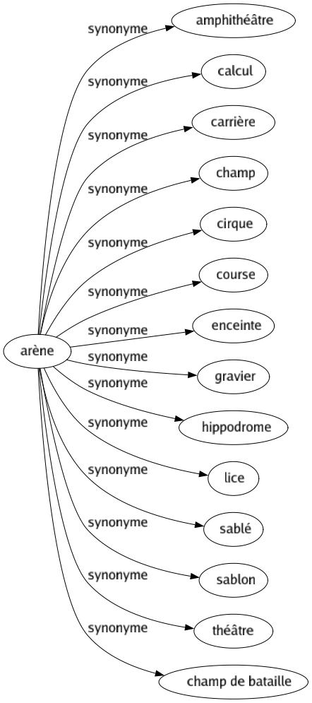 Synonyme de Arène : Amphithéâtre Calcul Carrière Champ Cirque Course Enceinte Gravier Hippodrome Lice Sablé Sablon Théâtre Champ de bataille 