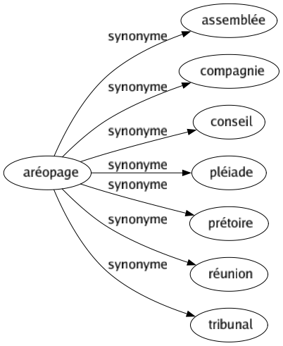 Synonyme de Aréopage : Assemblée Compagnie Conseil Pléiade Prétoire Réunion Tribunal 