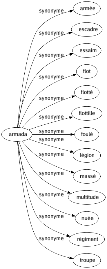 Synonyme de Armada : Armée Escadre Essaim Flot Flotté Flottille Foulé Légion Massé Multitude Nuée Régiment Troupe 