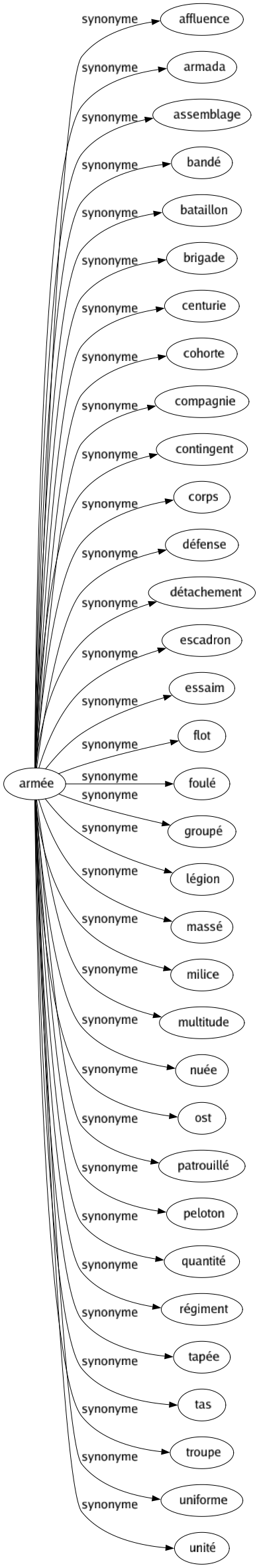 Synonyme de Armée : Affluence Armada Assemblage Bandé Bataillon Brigade Centurie Cohorte Compagnie Contingent Corps Défense Détachement Escadron Essaim Flot Foulé Groupé Légion Massé Milice Multitude Nuée Ost Patrouillé Peloton Quantité Régiment Tapée Tas Troupe Uniforme Unité 