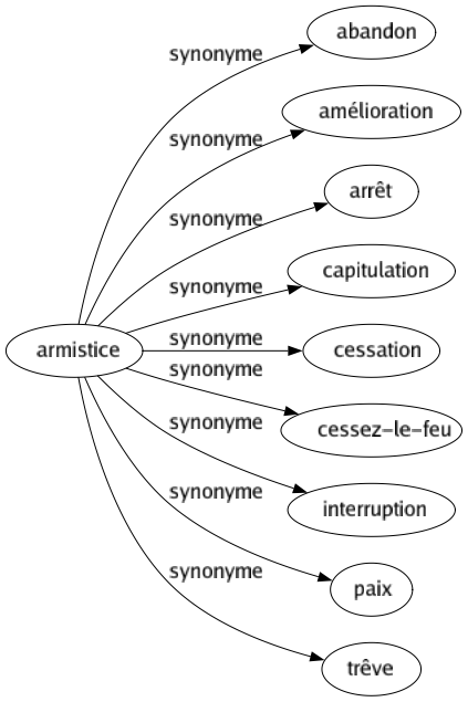 Synonyme de Armistice : Abandon Amélioration Arrêt Capitulation Cessation Cessez-le-feu Interruption Paix Trêve 