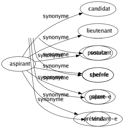 Synonyme de Aspirant : Candidat Lieutenant Postulant Chef-fe Galant-e Prétendant-e 