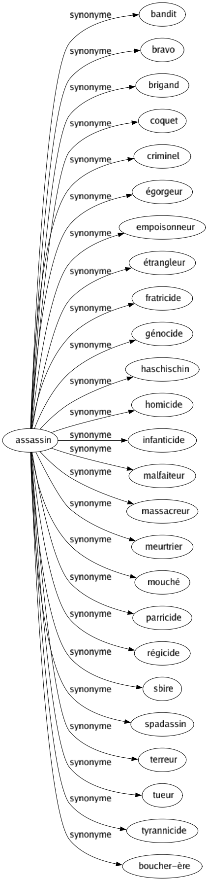 Synonyme de Assassin : Bandit Bravo Brigand Coquet Criminel Égorgeur Empoisonneur Étrangleur Fratricide Génocide Haschischin Homicide Infanticide Malfaiteur Massacreur Meurtrier Mouché Parricide Régicide Sbire Spadassin Terreur Tueur Tyrannicide Boucher-ère 