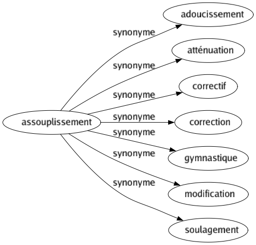 Synonyme de Assouplissement : Adoucissement Atténuation Correctif Correction Gymnastique Modification Soulagement 