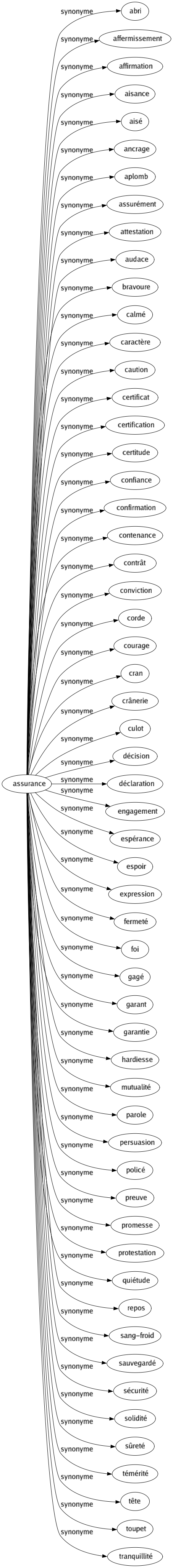 Synonyme de Assurance : Abri Affermissement Affirmation Aisance Aisé Ancrage Aplomb Assurément Attestation Audace Bravoure Calmé Caractère Caution Certificat Certification Certitude Confiance Confirmation Contenance Contrât Conviction Corde Courage Cran Crânerie Culot Décision Déclaration Engagement Espérance Espoir Expression Fermeté Foi Gagé Garant Garantie Hardiesse Mutualité Parole Persuasion Policé Preuve Promesse Protestation Quiétude Repos Sang-froid Sauvegardé Sécurité Solidité Sûreté Témérité Tête Toupet Tranquillité 