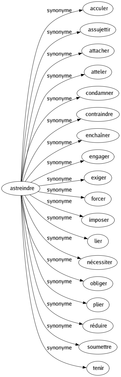 Synonyme de Astreindre : Acculer Assujettir Attacher Atteler Condamner Contraindre Enchaîner Engager Exiger Forcer Imposer Lier Nécessiter Obliger Plier Réduire Soumettre Tenir 