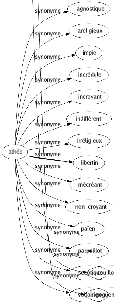 Synonyme de Athée : Agnostique Areligieux Impie Incrédule Incroyant Indiffèrent Irréligieux Libertin Mécréant Non-croyant Païen Parpaillot Sceptique Voltairien 