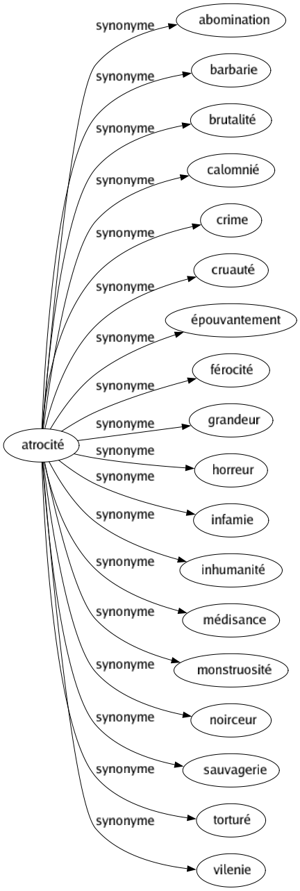Synonyme de Atrocité : Abomination Barbarie Brutalité Calomnié Crime Cruauté Épouvantement Férocité Grandeur Horreur Infamie Inhumanité Médisance Monstruosité Noirceur Sauvagerie Torturé Vilenie 
