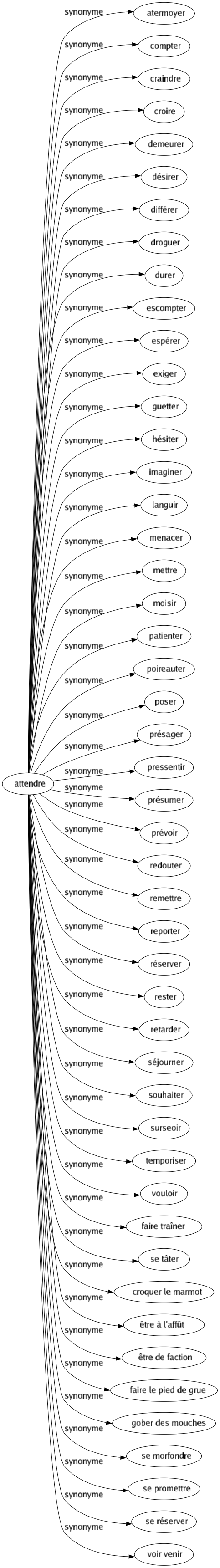 Synonyme de Attendre : Atermoyer Compter Craindre Croire Demeurer Désirer Différer Droguer Durer Escompter Espérer Exiger Guetter Hésiter Imaginer Languir Menacer Mettre Moisir Patienter Poireauter Poser Présager Pressentir Présumer Prévoir Redouter Remettre Reporter Réserver Rester Retarder Séjourner Souhaiter Surseoir Temporiser Vouloir Faire traîner Se tâter Croquer le marmot Être à l'affût Être de faction Faire le pied de grue Gober des mouches Se morfondre Se promettre Se réserver Voir venir 