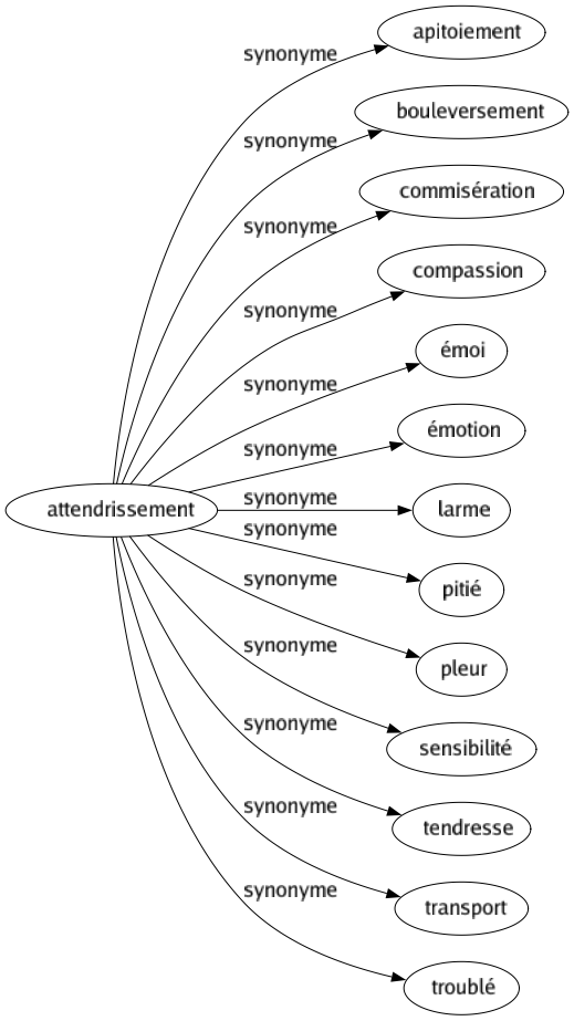 Synonyme de Attendrissement : Apitoiement Bouleversement Commisération Compassion Émoi Émotion Larme Pitié Pleur Sensibilité Tendresse Transport Troublé 