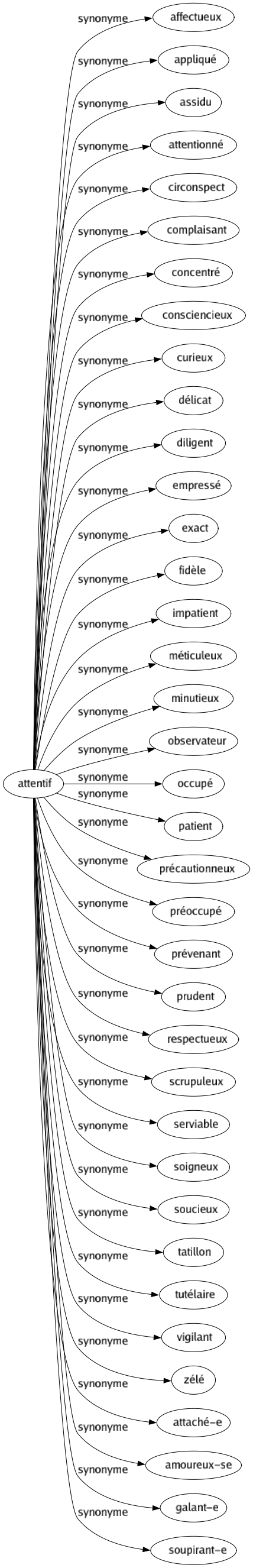 Synonyme de Attentif : Affectueux Appliqué Assidu Attentionné Circonspect Complaisant Concentré Consciencieux Curieux Délicat Diligent Empressé Exact Fidèle Impatient Méticuleux Minutieux Observateur Occupé Patient Précautionneux Préoccupé Prévenant Prudent Respectueux Scrupuleux Serviable Soigneux Soucieux Tatillon Tutélaire Vigilant Zélé Attaché-e Amoureux-se Galant-e Soupirant-e 