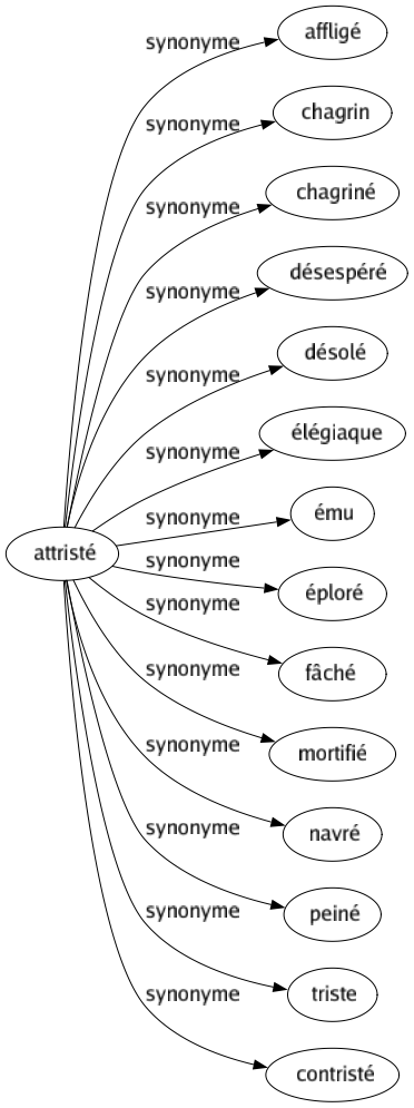 Synonyme de Attristé : Affligé Chagrin Chagriné Désespéré Désolé Élégiaque Ému Éploré Fâché Mortifié Navré Peiné Triste Contristé 