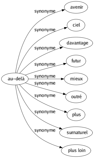Synonyme de Au-delà : Avenir Ciel Davantage Futur Mieux Outré Plus Surnaturel Plus loin 