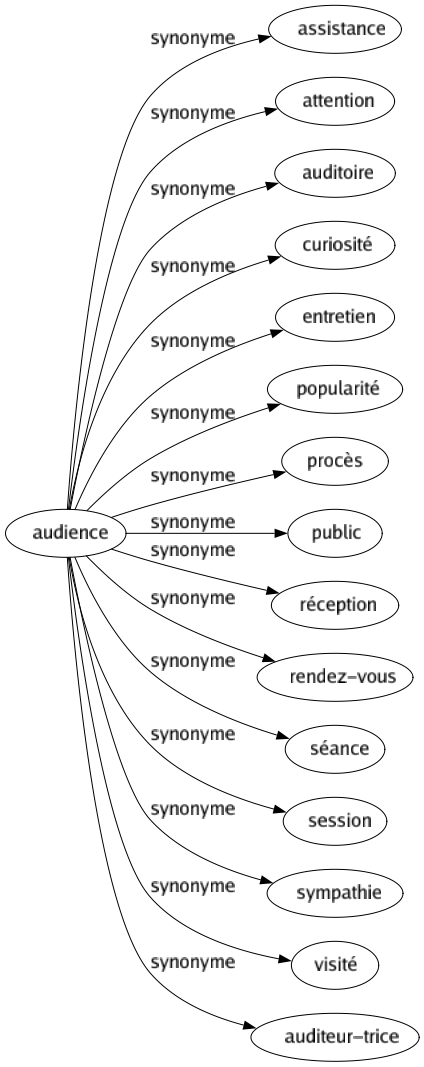 Synonyme de Audience : Assistance Attention Auditoire Curiosité Entretien Popularité Procès Public Réception Rendez-vous Séance Session Sympathie Visité Auditeur-trice 