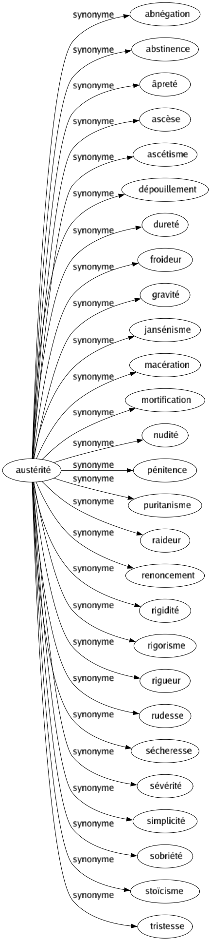 Synonyme de Austérité : Abnégation Abstinence Âpreté Ascèse Ascétisme Dépouillement Dureté Froideur Gravité Jansénisme Macération Mortification Nudité Pénitence Puritanisme Raideur Renoncement Rigidité Rigorisme Rigueur Rudesse Sécheresse Sévérité Simplicité Sobriété Stoïcisme Tristesse 