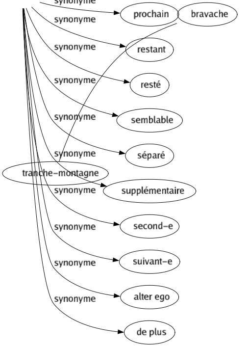 Synonyme de Autre : Autrui Changé Deuxième Diffèrent Dissemblable Distinct Étranger Incompatible Nouveau Opposé Prochain Restant Resté Semblable Séparé Supplémentaire Second-e Suivant-e Alter ego De plus 