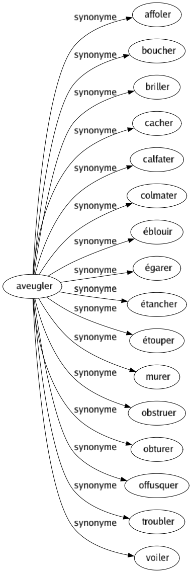 Synonyme de Aveugler : Affoler Boucher Briller Cacher Calfater Colmater Éblouir Égarer Étancher Étouper Murer Obstruer Obturer Offusquer Troubler Voiler 