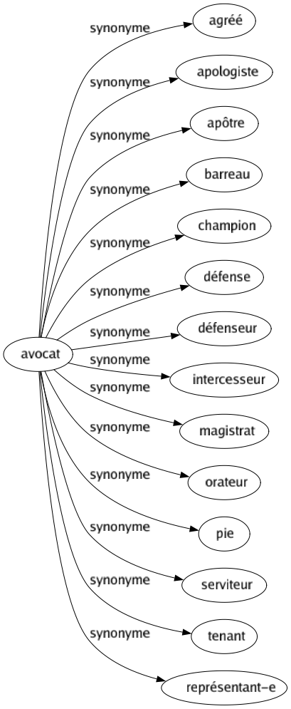Synonyme de Avocat : Agréé Apologiste Apôtre Barreau Champion Défense Défenseur Intercesseur Magistrat Orateur Pie Serviteur Tenant Représentant-e 