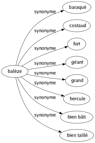 Synonyme de Balèze : Baraqué Costaud Fort Géant Grand Hercule Bien bâti Bien taillé 