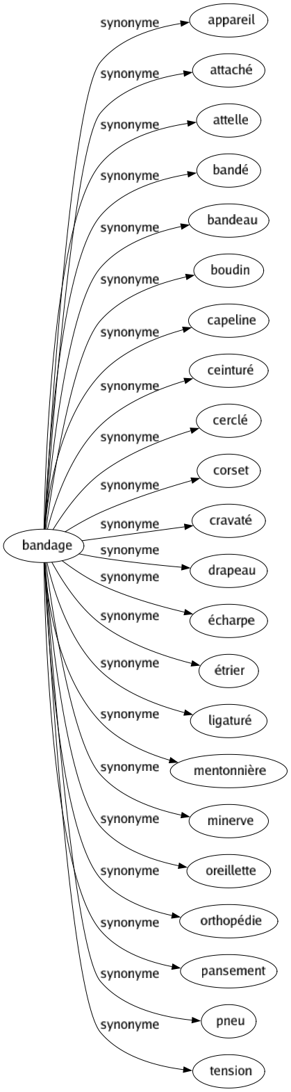 Synonyme de Bandage : Appareil Attaché Attelle Bandé Bandeau Boudin Capeline Ceinturé Cerclé Corset Cravaté Drapeau Écharpe Étrier Ligaturé Mentonnière Minerve Oreillette Orthopédie Pansement Pneu Tension 