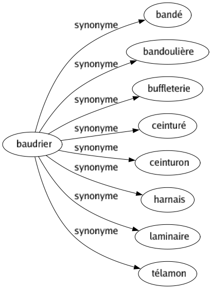 Synonyme de Baudrier : Bandé Bandoulière Buffleterie Ceinturé Ceinturon Harnais Laminaire Télamon 