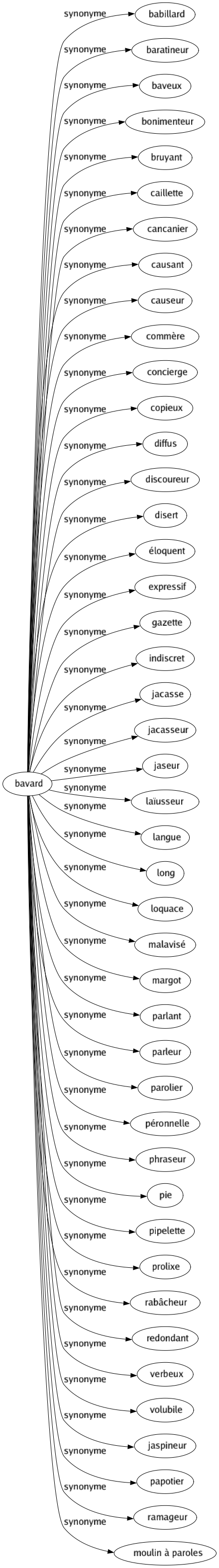 Synonyme de Bavard : Babillard Baratineur Baveux Bonimenteur Bruyant Caillette Cancanier Causant Causeur Commère Concierge Copieux Diffus Discoureur Disert Éloquent Expressif Gazette Indiscret Jacasse Jacasseur Jaseur Laïusseur Langue Long Loquace Malavisé Margot Parlant Parleur Parolier Péronnelle Phraseur Pie Pipelette Prolixe Rabâcheur Redondant Verbeux Volubile Jaspineur Papotier Ramageur Moulin à paroles 