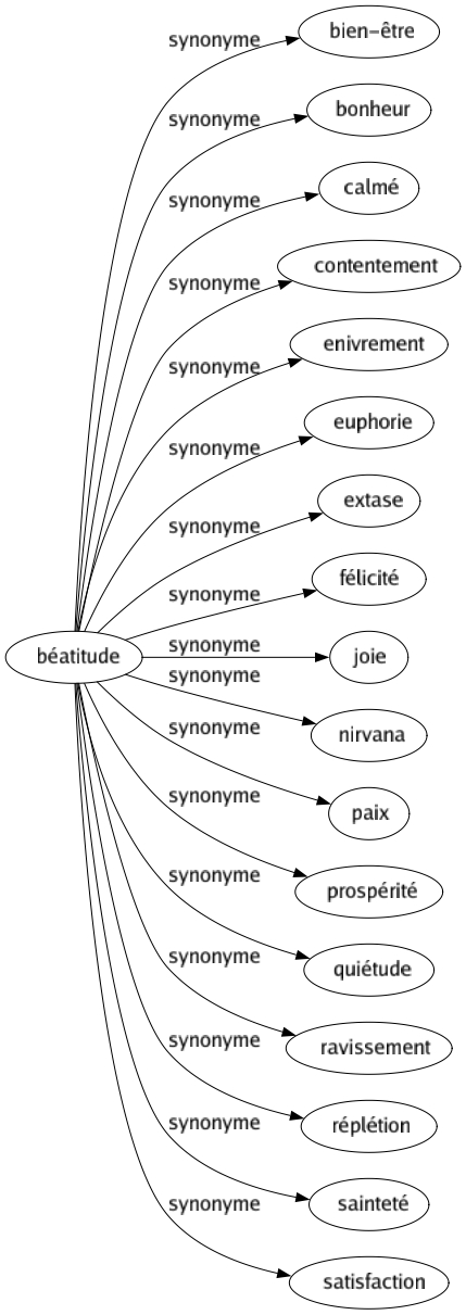 Synonyme de Béatitude : Bien-être Bonheur Calmé Contentement Enivrement Euphorie Extase Félicité Joie Nirvana Paix Prospérité Quiétude Ravissement Réplétion Sainteté Satisfaction 