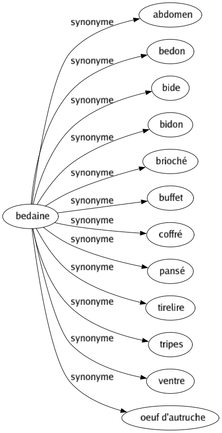 Synonyme de Bedaine : Abdomen Bedon Bide Bidon Brioché Buffet Coffré Pansé Tirelire Tripes Ventre Oeuf d'autruche 