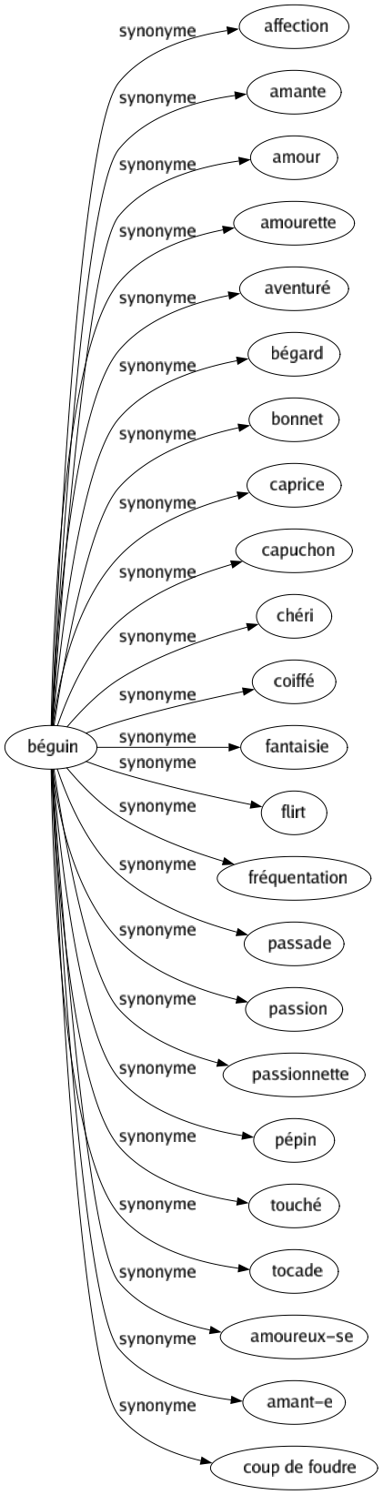 Synonyme de Béguin : Affection Amante Amour Amourette Aventuré Bégard Bonnet Caprice Capuchon Chéri Coiffé Fantaisie Flirt Fréquentation Passade Passion Passionnette Pépin Touché Tocade Amoureux-se Amant-e Coup de foudre 