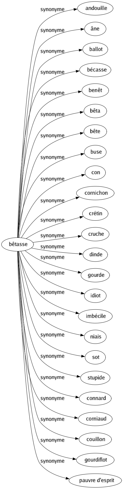 Synonyme de Bêtasse : Andouille Âne Ballot Bécasse Benêt Bêta Bête Buse Con Cornichon Crétin Cruche Dinde Gourde Idiot Imbécile Niais Sot Stupide Connard Corniaud Couillon Gourdiflot Pauvre d'esprit 