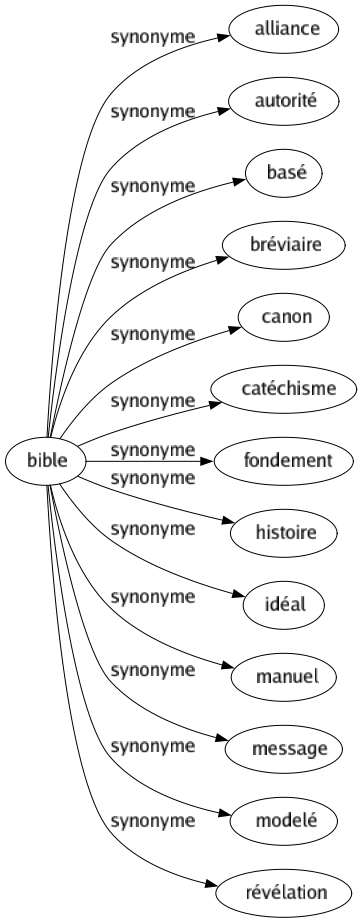 Synonyme de Bible : Alliance Autorité Basé Bréviaire Canon Catéchisme Fondement Histoire Idéal Manuel Message Modelé Révélation 