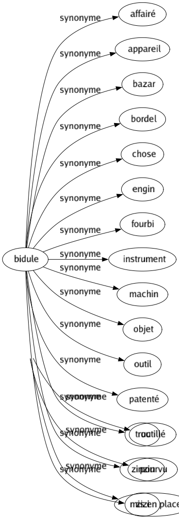 Synonyme de Bidule : Affairé Appareil Bazar Bordel Chose Engin Fourbi Instrument Machin Objet Outil Patenté Truc Zinzin Zizi 