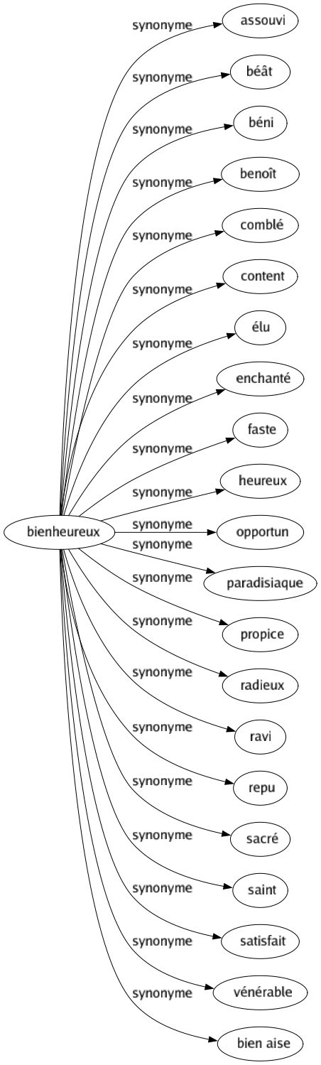 Synonyme de Bienheureux : Assouvi Béât Béni Benoît Comblé Content Élu Enchanté Faste Heureux Opportun Paradisiaque Propice Radieux Ravi Repu Sacré Saint Satisfait Vénérable Bien aise 