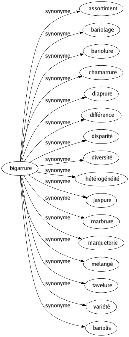 Synonyme de Bigarrure : Assortiment Bariolage Bariolure Chamarrure Diaprure Différence Disparité Diversité Hétérogénéité Jaspure Marbrure Marqueterie Mélangé Tavelure Variété Bariolis 