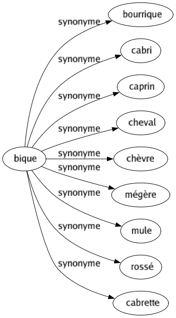 Synonyme de Bique : Bourrique Cabri Caprin Cheval Chèvre Mégère Mule Rossé Cabrette 