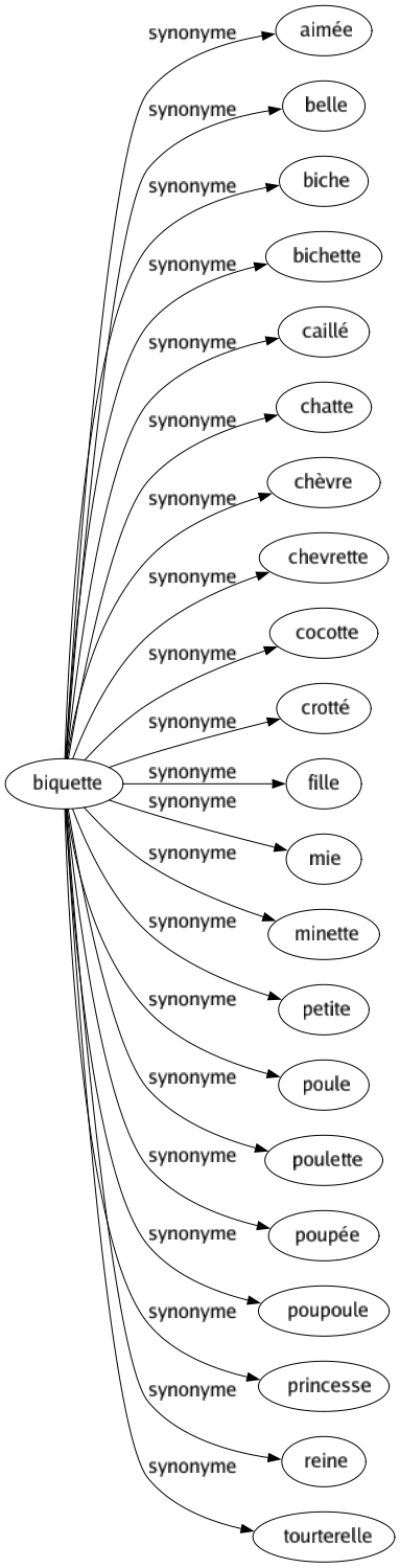 Synonyme de Biquette : Aimée Belle Biche Bichette Caillé Chatte Chèvre Chevrette Cocotte Crotté Fille Mie Minette Petite Poule Poulette Poupée Poupoule Princesse Reine Tourterelle 