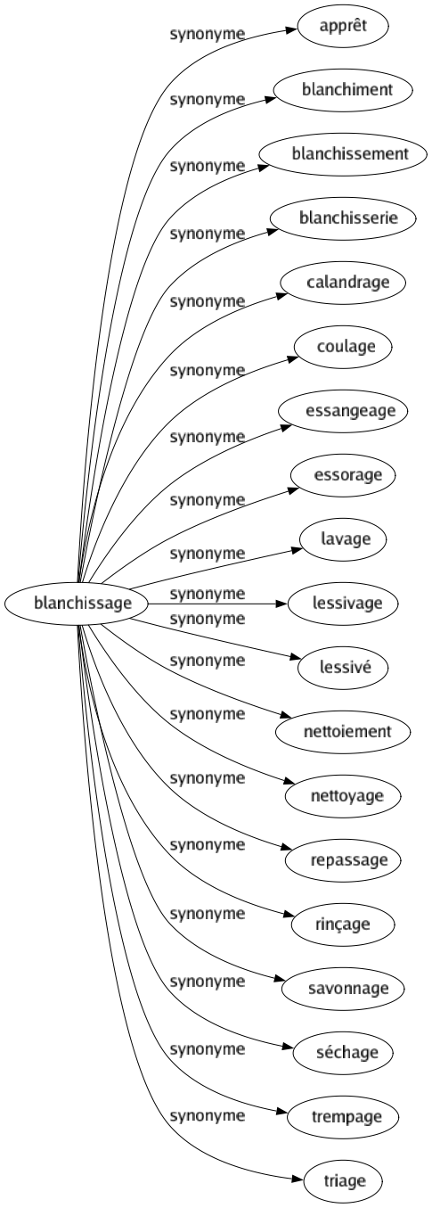 Synonyme de Blanchissage : Apprêt Blanchiment Blanchissement Blanchisserie Calandrage Coulage Essangeage Essorage Lavage Lessivage Lessivé Nettoiement Nettoyage Repassage Rinçage Savonnage Séchage Trempage Triage 