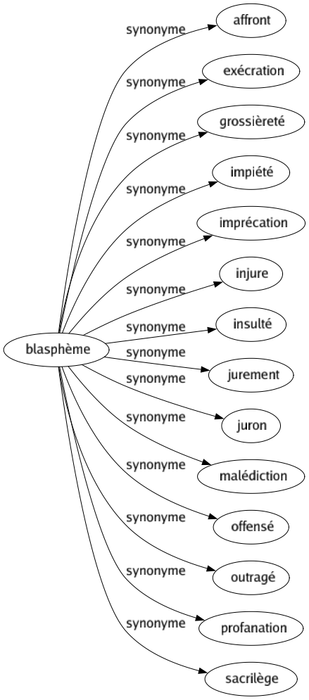 Synonyme de Blasphème : Affront Exécration Grossièreté Impiété Imprécation Injure Insulté Jurement Juron Malédiction Offensé Outragé Profanation Sacrilège 