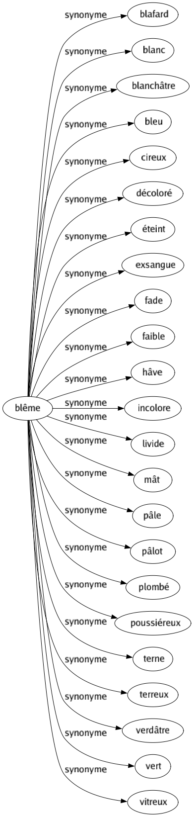 Synonyme de Blême : Blafard Blanc Blanchâtre Bleu Cireux Décoloré Éteint Exsangue Fade Faible Hâve Incolore Livide Mât Pâle Pâlot Plombé Poussiéreux Terne Terreux Verdâtre Vert Vitreux 