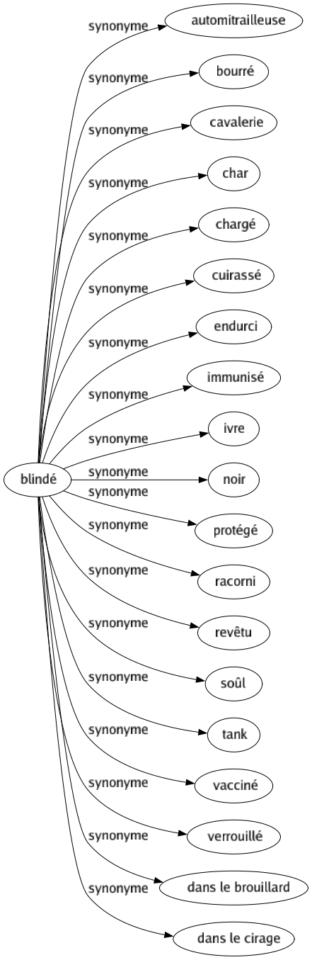 Synonyme de Blindé : Automitrailleuse Bourré Cavalerie Char Chargé Cuirassé Endurci Immunisé Ivre Noir Protégé Racorni Revêtu Soûl Tank Vacciné Verrouillé Dans le brouillard Dans le cirage 