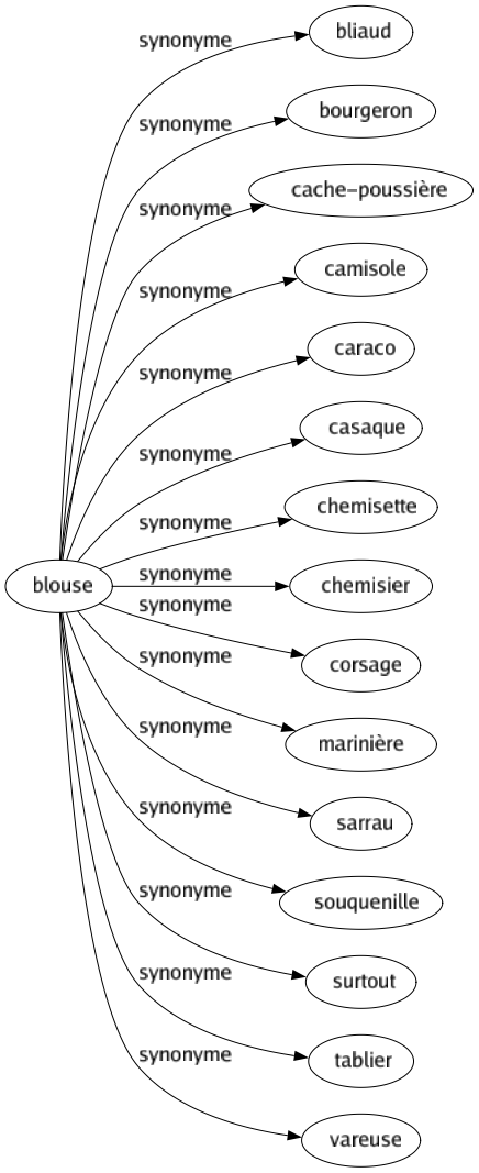 Synonyme de Blouse : Bliaud Bourgeron Cache-poussière Camisole Caraco Casaque Chemisette Chemisier Corsage Marinière Sarrau Souquenille Surtout Tablier Vareuse 