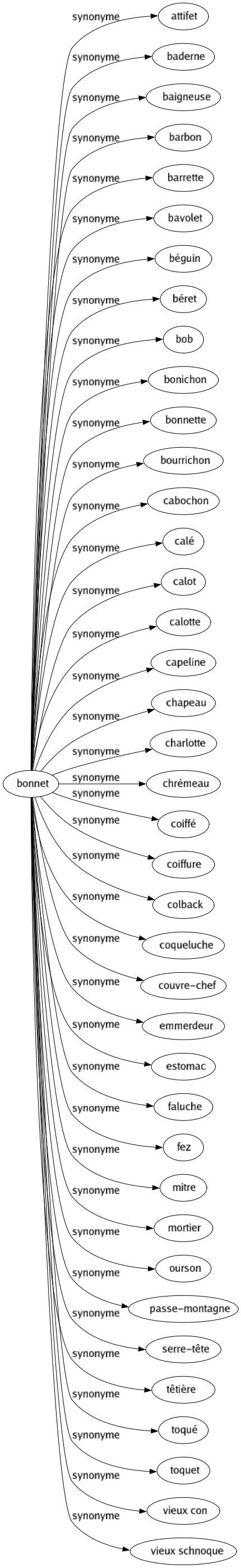 Synonyme de Bonnet : Attifet Baderne Baigneuse Barbon Barrette Bavolet Béguin Béret Bob Bonichon Bonnette Bourrichon Cabochon Calé Calot Calotte Capeline Chapeau Charlotte Chrémeau Coiffé Coiffure Colback Coqueluche Couvre-chef Emmerdeur Estomac Faluche Fez Mitre Mortier Ourson Passe-montagne Serre-tête Têtière Toqué Toquet Vieux con Vieux schnoque 