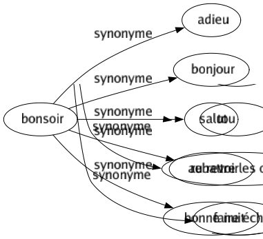 Synonyme de Bonsoir : Adieu Bonjour Salut Au revoir Bonne nuit 