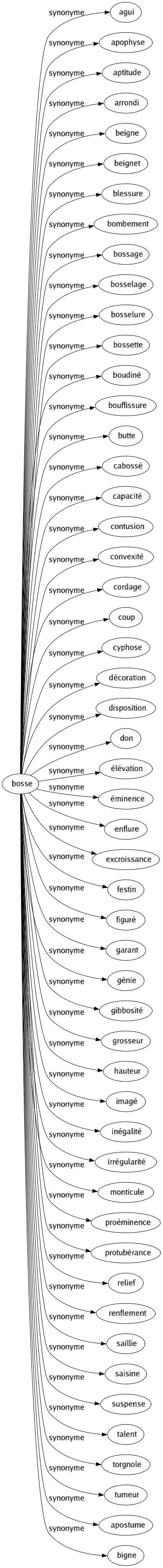 Synonyme de Bosse : Agui Apophyse Aptitude Arrondi Beigne Beignet Blessure Bombement Bossage Bosselage Bosselure Bossette Boudiné Bouffissure Butte Cabossé Capacité Contusion Convexité Cordage Coup Cyphose Décoration Disposition Don Élévation Éminence Enflure Excroissance Festin Figuré Garant Génie Gibbosité Grosseur Hauteur Imagé Inégalité Irrégularité Monticule Proéminence Protubérance Relief Renflement Saillie Saisine Suspense Talent Torgnole Tumeur Apostume Bigne 