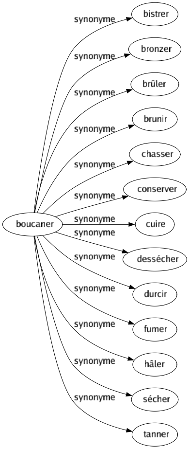 Synonyme de Boucaner : Bistrer Bronzer Brûler Brunir Chasser Conserver Cuire Dessécher Durcir Fumer Hâler Sécher Tanner 