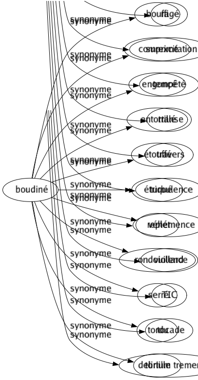 Synonyme de Boudiné : Bouffi Comprimé Engoncé Entortillé Étouffé Étriqué Replet Rondouillard Serré Tordu Tortille 