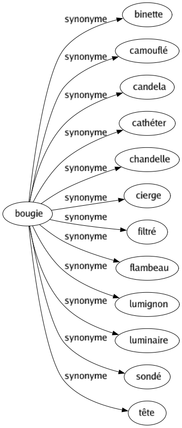 Synonyme de Bougie : Binette Camouflé Candela Cathéter Chandelle Cierge Filtré Flambeau Lumignon Luminaire Sondé Tête 