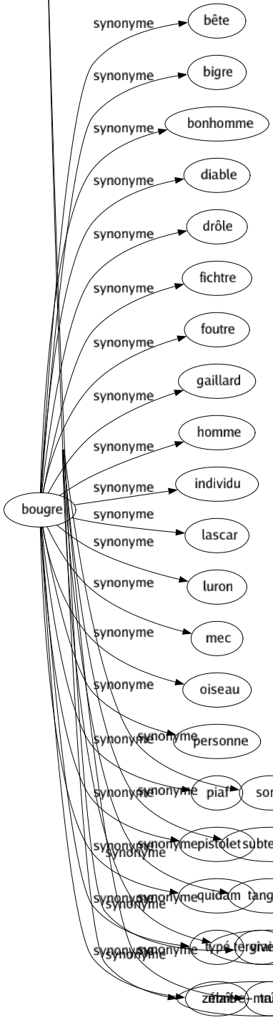 Synonyme de Bougre : Bête Bigre Bonhomme Diable Drôle Fichtre Foutre Gaillard Homme Individu Lascar Luron Mec Oiseau Personne Piaf Pistolet Quidam Typé Zébré 